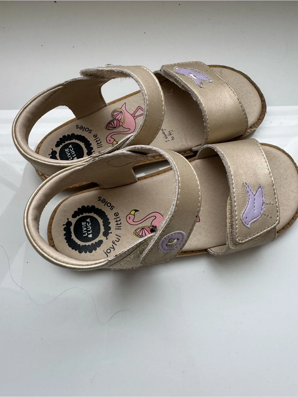 Livie & Luca Gold Sandals with Lilac Bird Accents USED size 11